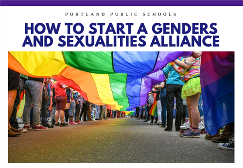 How to state a Genders and Sexualities Alliance with a large rainbow flag held on the sides by folks seen from the waist down